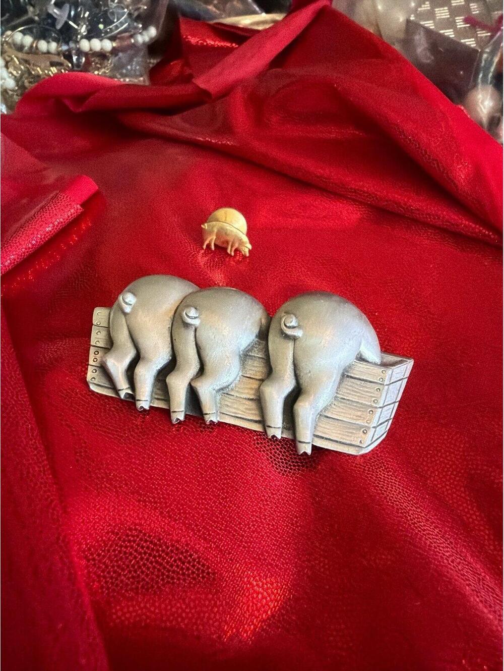 2 brooches vintage pewter brooch titled "3 Pigs at the Trough," produced by the